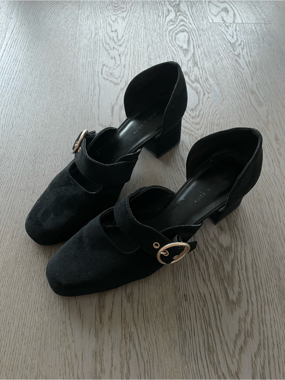 Charles & Keith Black Suede Mary Jane Block Heels with Gold Buckle